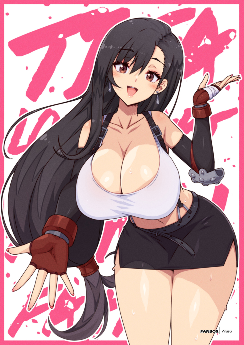 1girl abstract_background arm_up black_hair black_skirt breasts cleavage cowboy_shot crop_top detached_sleeves earrings elbow_pads female_focus final_fantasy final_fantasy_vii fingerless_gloves floating_hair foreshortening gloves head_tilt huge_breasts jewelry legs_together long_hair looking_at_viewer low-tied_long_hair low_ponytail midriff miniskirt navel open_hand open_mouth ponytail red_eyes red_gloves red_nails shirt side_slit simple_background skirt smile solo spread_fingers square_enix standing straight-on suspender_skirt suspenders swept_bangs tareme taut_clothes taut_shirt teardrop_earrings tifa_lockhart very_long_hair virus-g white_background white_shirt