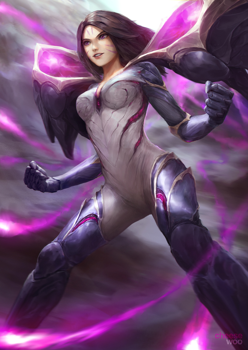 1girl armor artstation_username bodysuit brown_hair cheesewoo clenched_hands energy energy_wings facial_hair feet_out_of_frame fighting_stance firing floating_hair highres kai&#039;sa league_of_legends long_hair parted_lips purple_eyes shoulder_armor smile solo teeth