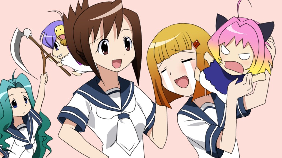 00s 5girls angry blue_eyes branch brown_eyes brown_hair gradient_hair green_hair guchuko kasugano_nene multicolored_hair multiple_girls natsu_mikan potemayo potemayo_(character) sanshita scythe skull takamimori_kyo takamimori_kyou twig