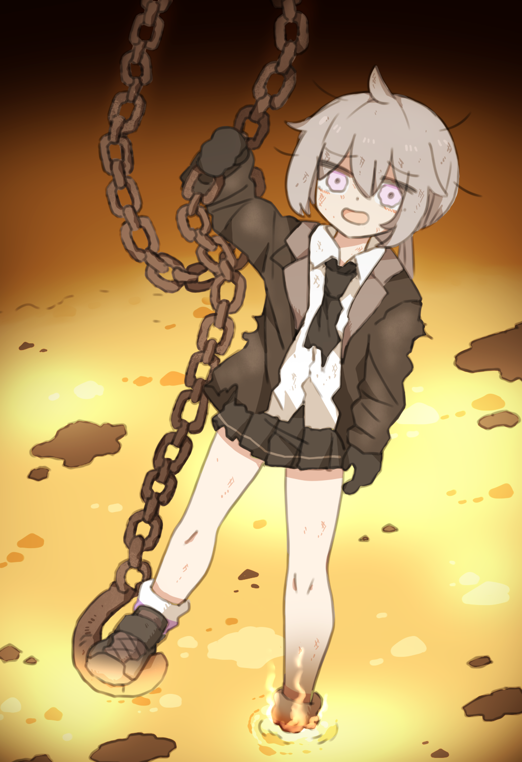 1girl ahoge black_gloves black_necktie black_shoes black_skirt brown_jacket chain collared_shirt commentary_request fire full_body girls&#039;_frontline gloves grey_hair hair_between_eyes highres holding imminent_death jacket long_hair long_sleeves looking_at_viewer low_ponytail m200_(girls&#039;_frontline) molten_metal necktie open_mouth parody pleated_skirt ponytail purple_eyes purple_socks scene_reference shirt shoes sinking skirt sneakers socks solo standing supaccha terminator_(series) terminator_2:_judgment_day torn_clothes torn_necktie two-tone_socks unkempt wavy_eyes white_shirt white_socks