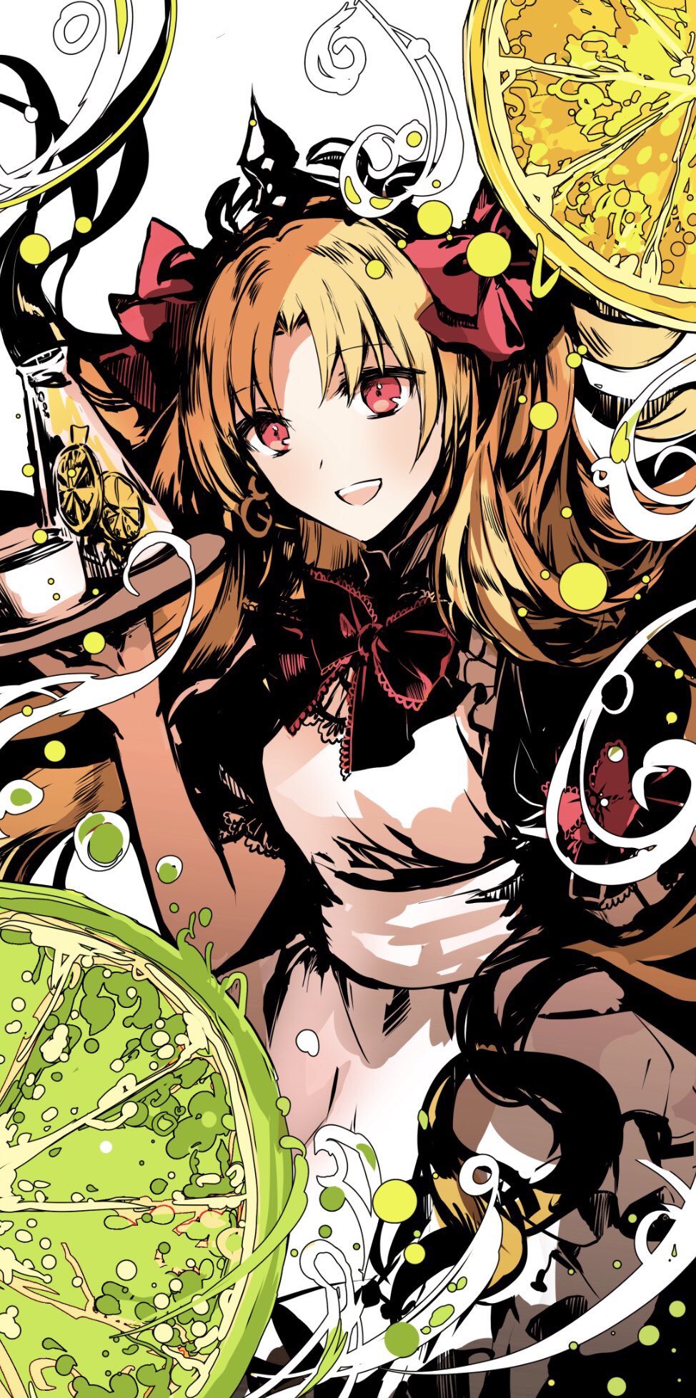 1girl blonde_hair breasts dress ereshkigal_(fate) fate/grand_order fate_(series) highres long_hair looking_at_viewer maid medium_breasts parted_bangs red_eyes rioka_(southern_blue_sky) smile solo two_side_up