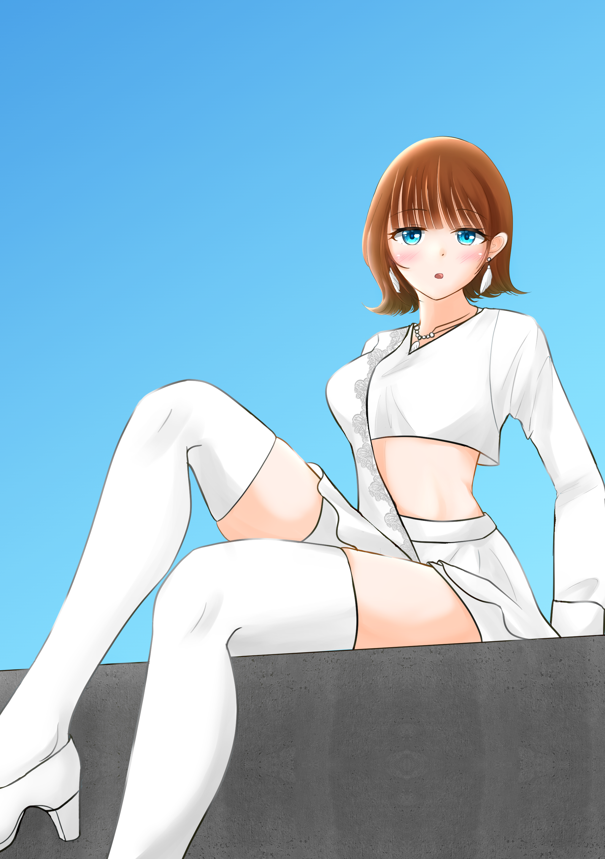 1girl absurdres avataro_sentai_donbrothers blouse blue_eyes brown_hair crop_top crossed_legs high_heels highres ruryu shirt sitting skirt sononi sononi_(donbrothers) super_sentai thighhighs white_thighhighs