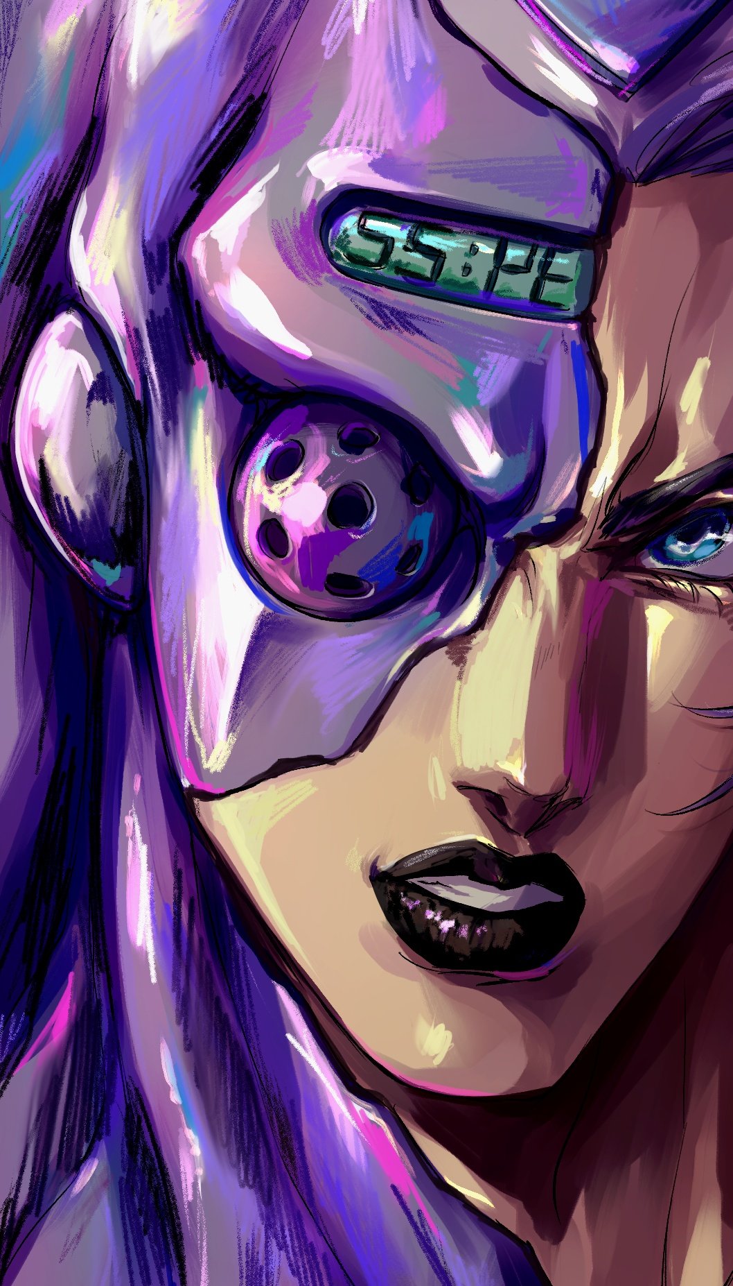 black_lips blue_eyes close-up eyelashes highres jojo_no_kimyou_na_bouken leone_abbacchio lipstick makeup male_focus moody_blues_(stand) parted_lips santamanymany solo stand_(jojo) vento_aureo