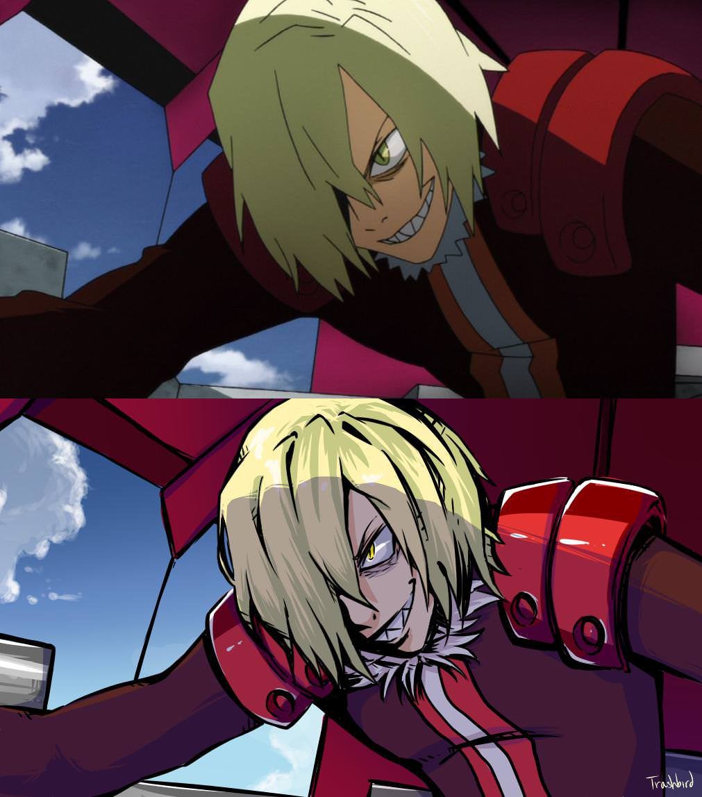 1boy anime_screenshot blonde_hair cat comparison derivative_work grin hair_over_one_eye male_focus mecha medium_hair oversized_limbs pilot robot screenshot_redraw shark shark_boy sharp_teeth signature smile smug solo source_request teeth tengen_toppa_gurren_lagann tyto_alba viral_(ttgl)