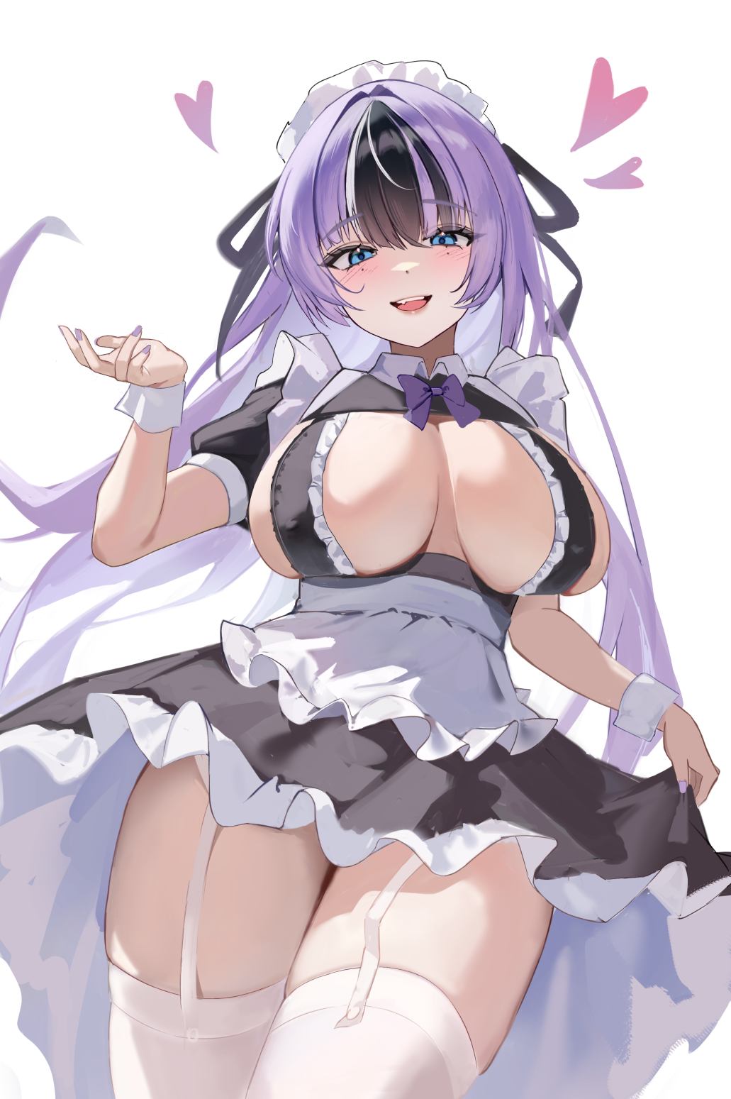 1girl black_dress black_hair blush breasts commentary dress english_commentary fingernails garter_straps goddess_of_victory:_nikke heart highres huge_breasts jien_(nikke) long_hair looking_at_viewer maid multicolored_hair nail_polish open_mouth pink_hair simple_background smile solo thighhighs thighs two-tone_hair uyuri_(89976220) white_background white_garter_straps white_thighhighs