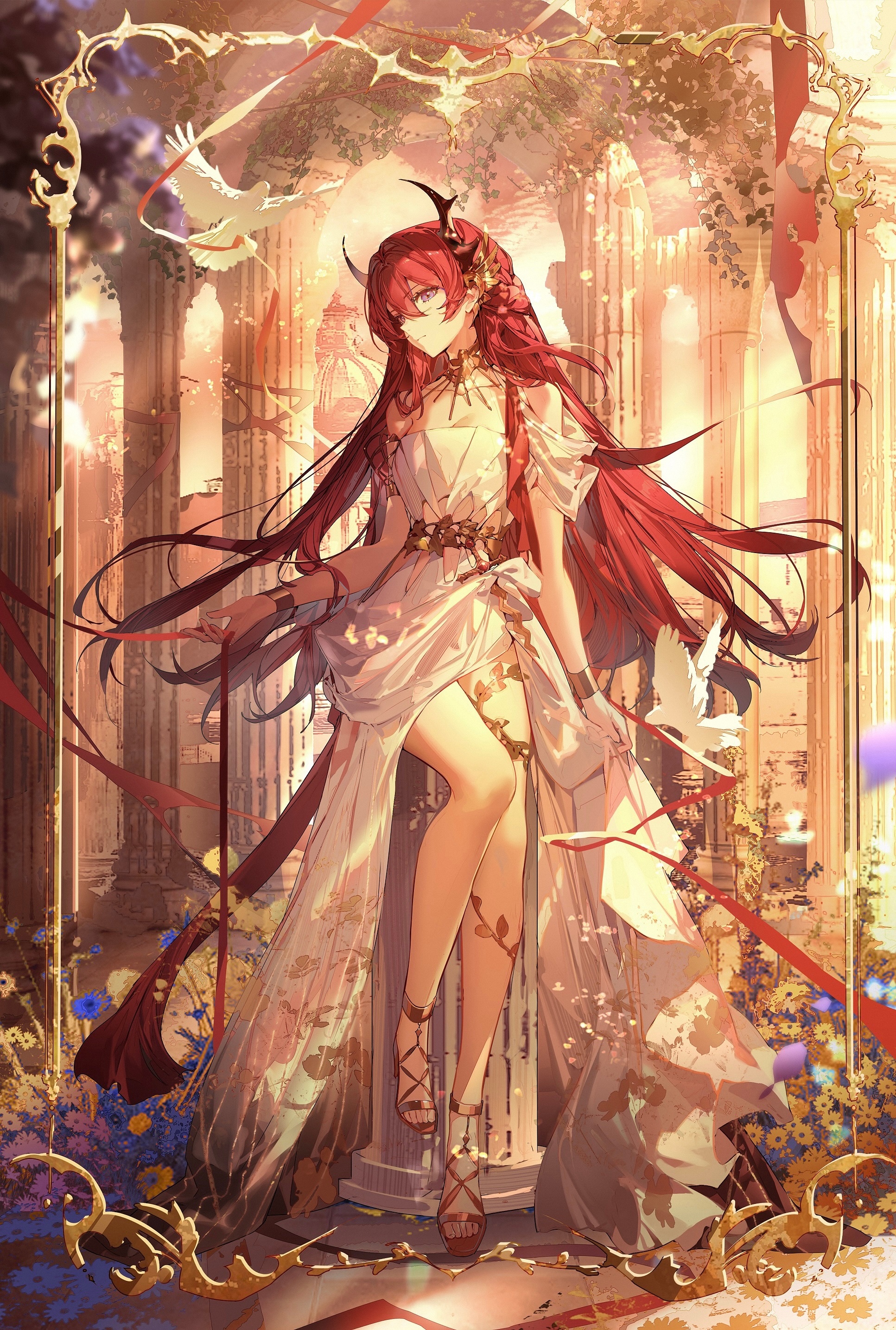 1girl absurdres ambience_synesthesia architecture arknights bird black_horns breasts dadijiji dove dress greco-roman_architecture hair_between_eyes high_heel_sandals highres horns long_hair looking_at_viewer medium_breasts metal_bracelet pink_eyes red_hair sandals sidelocks solo stone_pillar strapless strapless_dress surtr_(arknights) white_bird white_dress