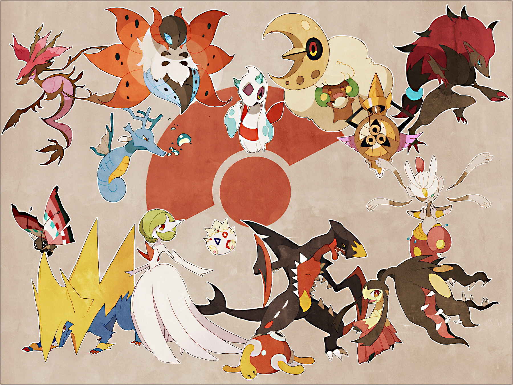 aegislash blue_eyes bug claws dragalge dragon fangs fins fish froslass garchomp gardevoir gen_2_pokemon gen_3_pokemon gen_4_pokemon gen_5_pokemon gen_6_pokemon highres kingdra lunatone manectric mawile medicham mega_garchomp mega_gardevoir mega_manectric mega_mawile mega_medicham mega_pokemon nintendo no_feet orange_eyes pokemon pokemon_(creature) red_eyes seahorse shuckle tail tarai tarai_(silica5) togepi vivillon vivillon_(meadow) volcarona whimsicott wings yellow_eyes zoroark