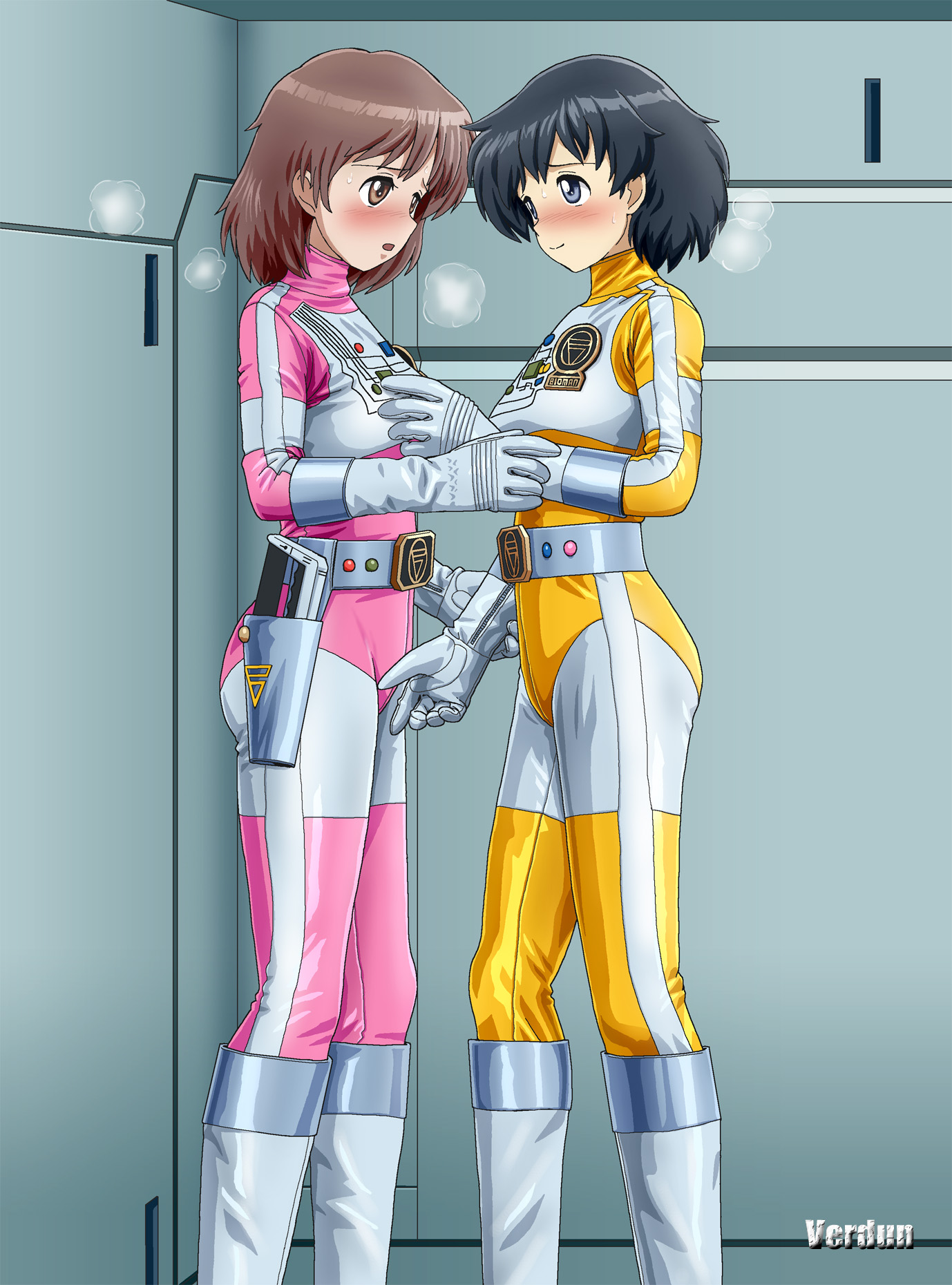 2girls animification artist_name belt black_hair blue_eyes blush bodysuit boots brown_eyes brown_hair choudenshi_bioman closed_mouth commentary_request gloves hand_on_another's_arm hand_on_another's_chest helmet highres hikaru_(bioman) looking_at_another multiple_girls open_mouth short_hair skin_tight standing super_sentai verdun_(berudan) yellow_4 yuri