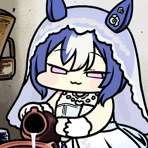 1girl :3 animal_ears blue_hair cesario_(twinbell_queen)_(umamusume) cesario_(umamusume) chibi commentary dress ears_through_headwear fine_art_parody gloves hair_between_eyes holding_jug horse_ears horse_girl indoors jazz_jack jug_(bottle) lowres multicolored_hair official_alternate_costume parody pouring purple_eyes solo standing the_milkmaid umamusume veil wedding_dress white_dress white_gloves white_hair