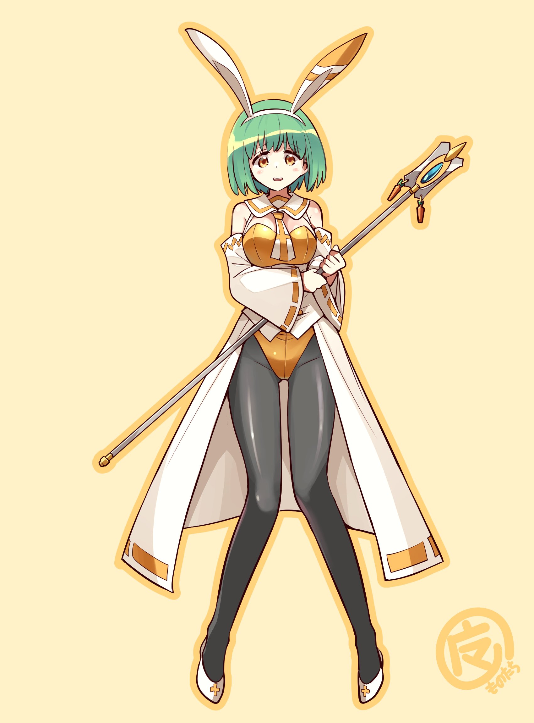 1girl alternate_costume animal_ears black_pantyhose detached_sleeves fake_animal_ears gold_leotard green_hair highres holding holding_staff kato_takuji leotard ma_no_mono-tachi open_mouth pantyhose playboy_bunny priestess_(ishiyumi) rabbit_ears short_hair showgirl_skirt simple_background solo staff yellow_background yellow_eyes