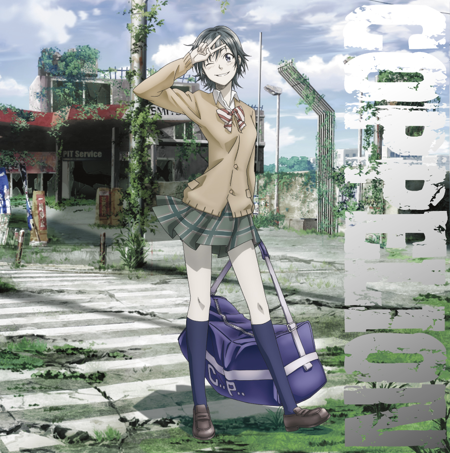 1girl bag black_shoes blue_eyes blue_socks bow bowtie broken_glass broken_window cardigan cloud cloudy_sky coppelion copyright_name crosswalk day female_focus fukasaku_aoi gas_station glass grass green_hair green_skirt house ivy kneehighs loafers looking_at_viewer miniskirt nature official_art one_eye_closed outdoors overgrown pale_skin plaid_clothes plaid_skirt plant pleated_skirt post-apocalypse power_lines ruins scenery school_uniform shoes short_hair shoulder_bag skirt sky smile socks solo striped_bow striped_bowtie striped_clothes striped_neckwear traffic_light v wink