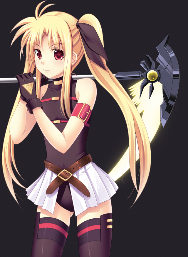 00s 1girl armband axe bardiche_(nanoha) bardiche_(scythe_form)_(nanoha) bare_shoulders belt black_ribbon blonde_hair blush fate_testarossa fate_testarossa_(movie_1st_form) female_focus flat_chest gloves jpeg_artifacts kirisawa_reiji leotard long_hair lyrical_nanoha mahou_shoujo_lyrical_nanoha red_eyes ribbon skirt solo thighhighs twintails weapon