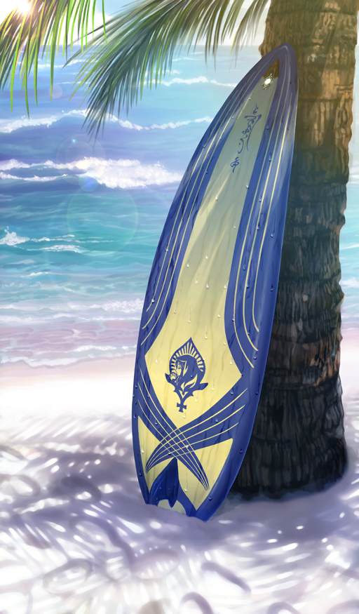beach commentary day fate/grand_order fate_(series) footprints lasengle lens_flare no_humans object_focus ocean official_art outdoors palm_tree prydwen_(fate) sand still_life surfboard third-party_source tree waves wet