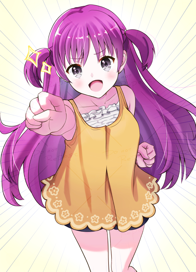 1girl :d anemone_(anemone-ne) bare_shoulders black_shorts blush clenched_hands collarbone commentary cowboy_shot emphasis_lines floating_hair grey_eyes katou_umi long_hair looking_at_viewer open_mouth orange_shirt pink_hair shirt shorts simple_background sleeveless sleeveless_shirt smile smug solo sparkle summer_pockets two_side_up v-shaped_eyebrows very_long_hair watermark yellow_background
