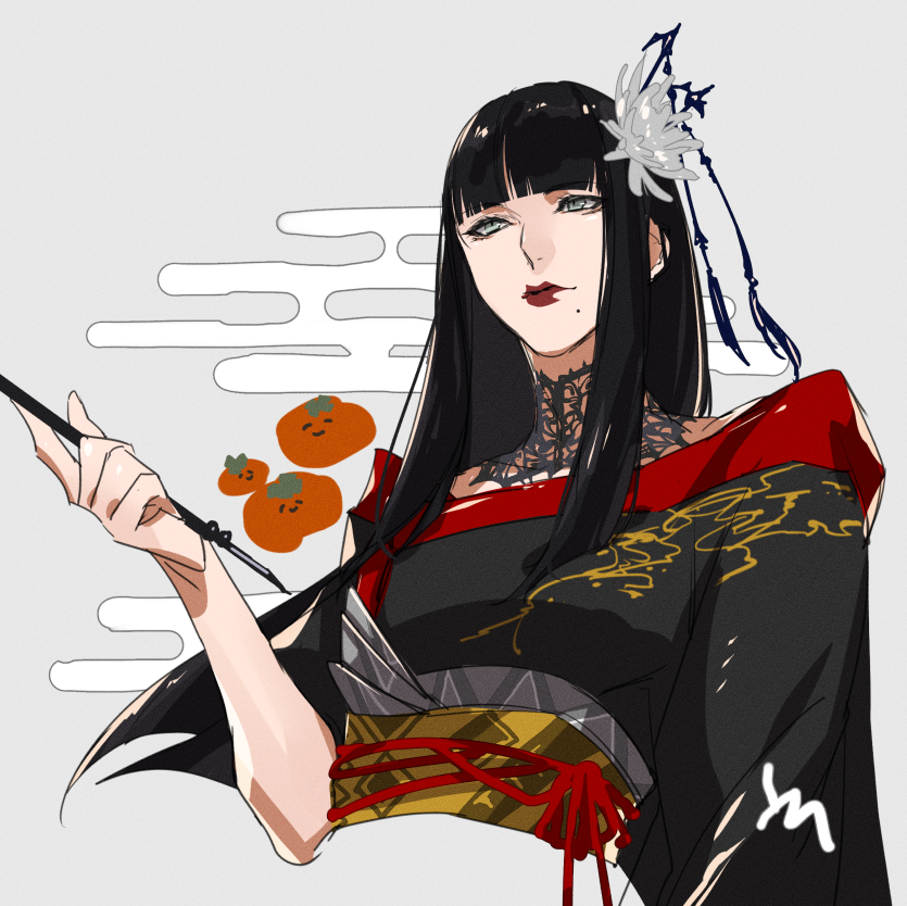 1girl black_hair black_kimono blunt_bangs cropped_torso egasumi final_fantasy final_fantasy_xiv flower food from_below fruit green_eyes grey_background hair_flower hair_ornament hair_stick hand_up holding holding_smoking_pipe hyur japanese_clothes kimono kiseru lace_collar light_smile long_hair looking_afar mole mole_under_mouth obi obiage obijime persimmon red_lips red_trim sash simple_background smoking_pipe solo straight_hair upper_body yomo_(ym) yotsuyu_goe_brutus