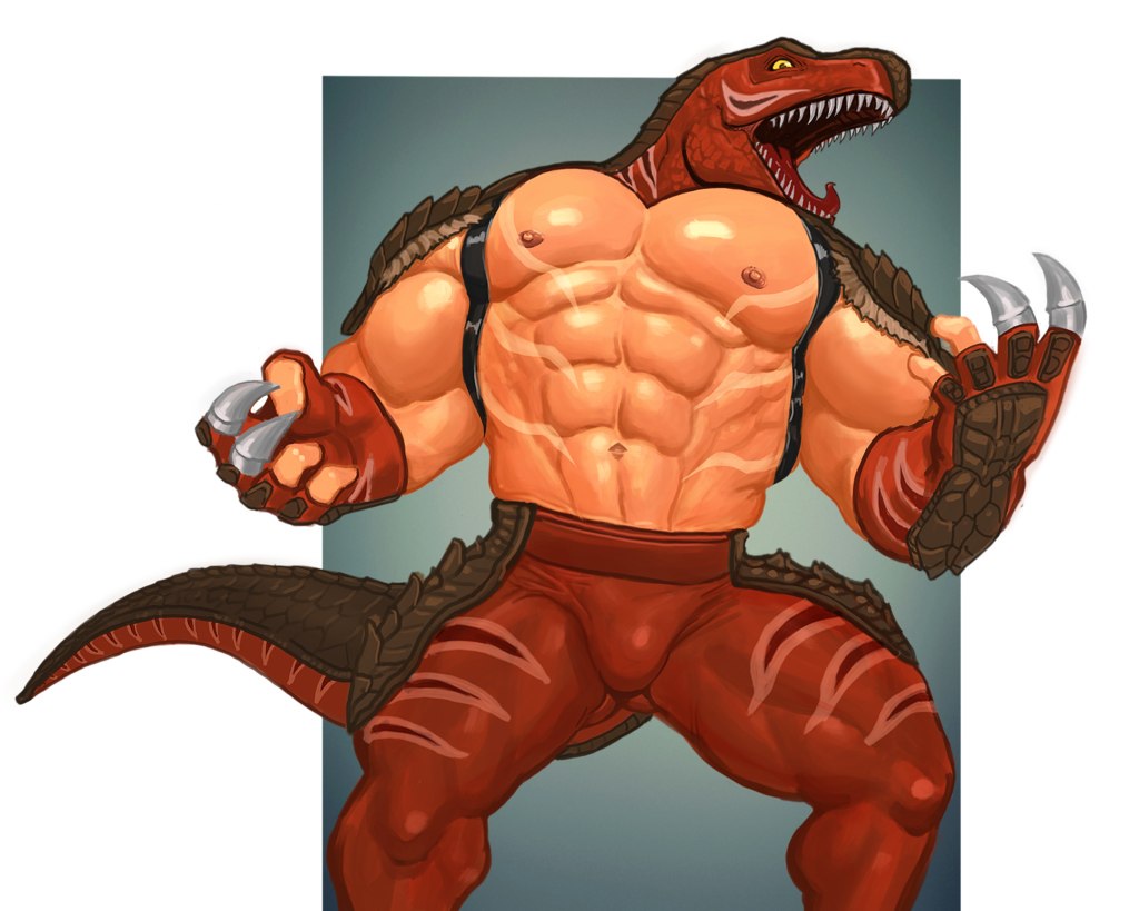 1boy animal_mask bara bulge claws dinosaur_costume dinosaur_tail king_of_dinosaurs large_pectorals male_focus mask muscular muscular_male nipples non-web_source pectorals sharp_teeth solo tail teeth the_king_of_fighters the_king_of_fighters_xiv wrestling_outfit