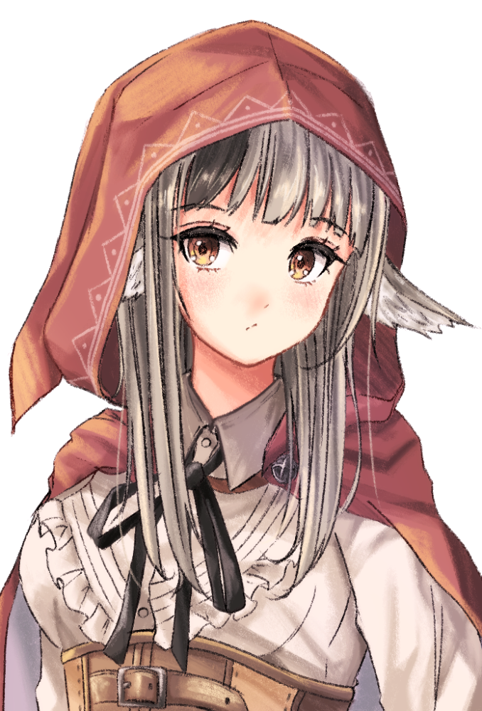 1girl :/ animal_ears black_hair black_ribbon breasts brown_corset cape closed_mouth corset fire_emblem fire_emblem_fates fuussu_(21-kazin) grey_hair hood hood_up hooded_cape long_hair medium_breasts multicolored_hair neck_ribbon nintendo orange_eyes ribbon simple_background solo split_mouth streaked_hair two-tone_hair upper_body velouria_(fire_emblem) white_background wolf_ears wolf_girl