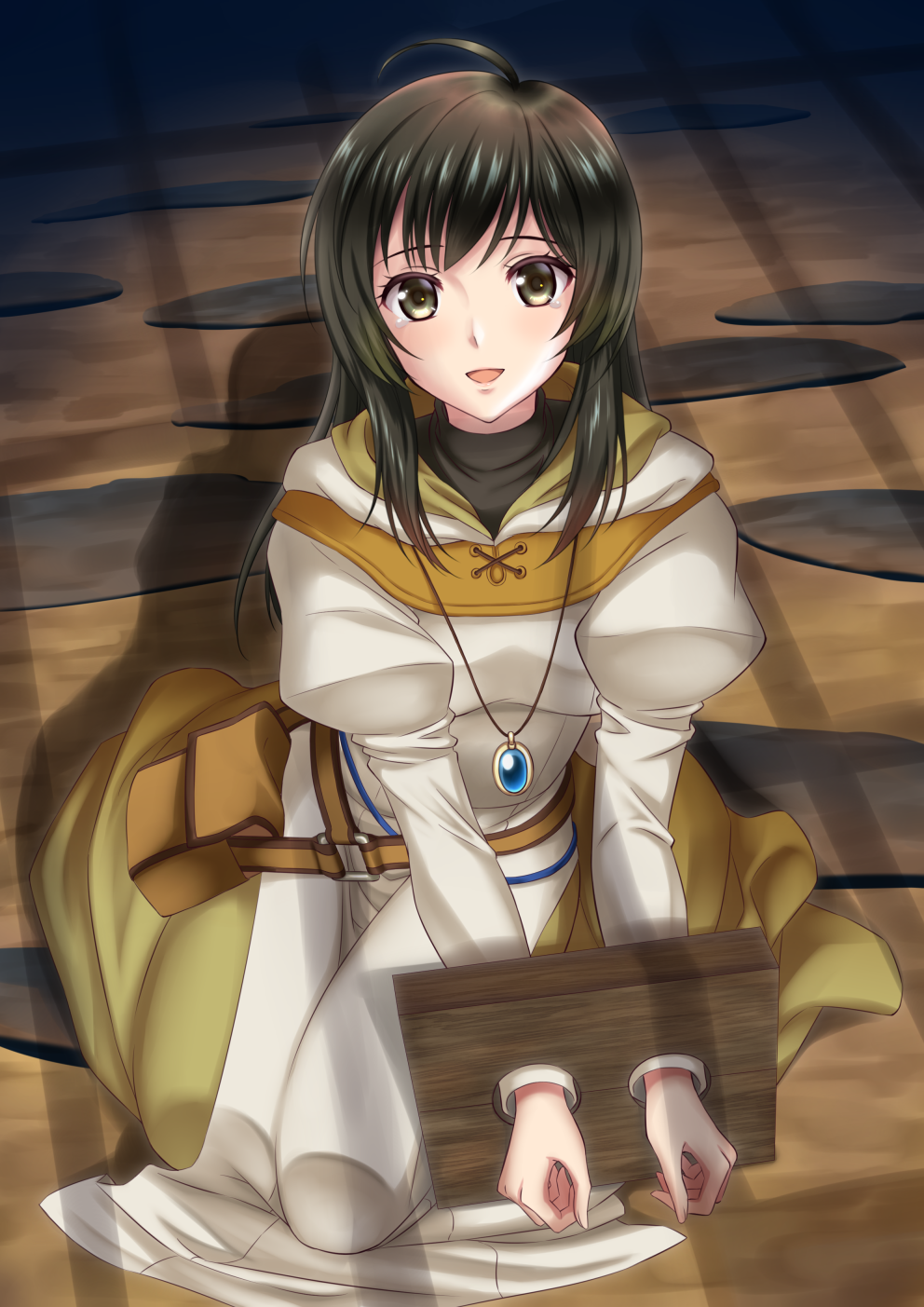 1girl alternate_hairstyle bag belt black_hair bound bound_wrists dress dungeon fire_emblem fire_emblem:_radiant_dawn highres jewelry kakiko210 kneeling laura_(fire_emblem) long_hair long_sleeves looking_at_viewer necklace nintendo on_floor open_mouth restrained shadow smile solo stone_floor teardrop tears turtleneck