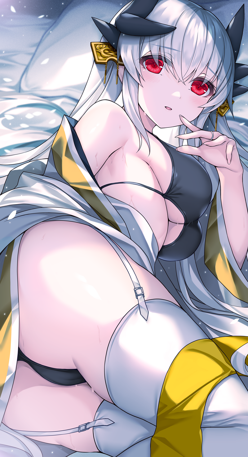 1girl bare_shoulders bikini black_bikini blush breasts commentary_request dragon_girl dragon_horns fate/grand_order fate_(series) garter_straps hair_ornament highres horns jewelry kiyohime_(fate) large_breasts long_hair long_sleeves looking_at_viewer lying morizono_shiki off_shoulder on_side parted_lips red_eyes ring smile swimsuit thighhighs thighs white_garter_straps white_hair white_thighhighs