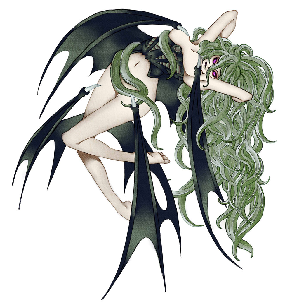 1girl bare_arms bare_shoulders berserk black_wings collar demon demon_girl demon_wings metal_collar nama_(na-ma) nude pale_skin purple_eyes slan_(berserk) solo wings