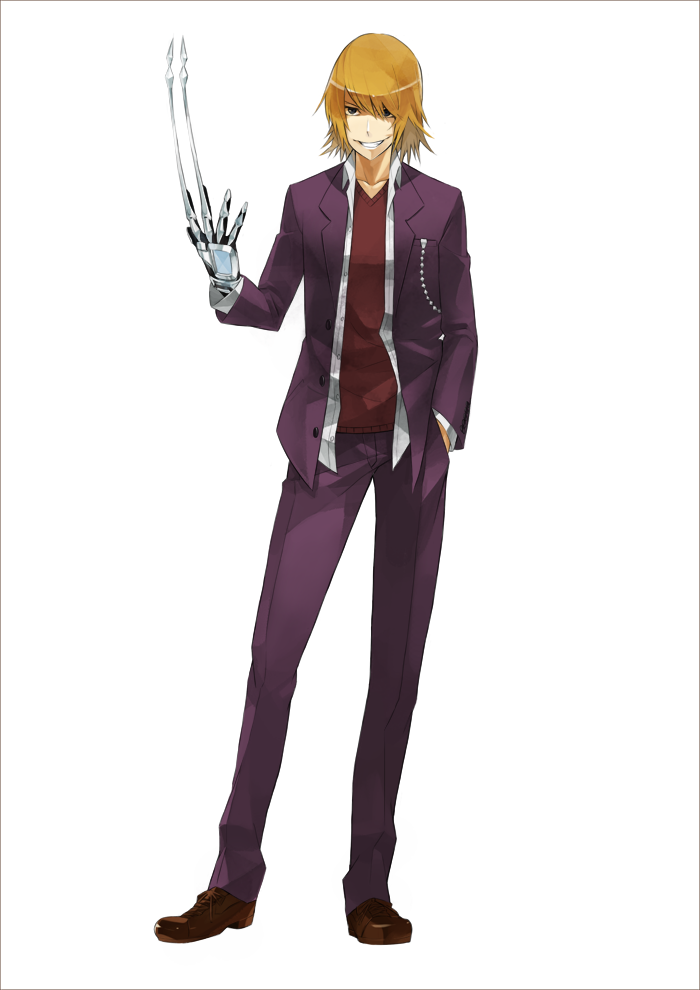 1boy blonde_hair blue_eyes claws full_body gajuumaru gloves grin hand_in_pocket jacket kakine_teitoku long_sleeves male_focus open_clothes open_jacket pants simple_background single_glove smile solo toaru_majutsu_no_index toaru_majutsu_no_index:_old_testament white_background