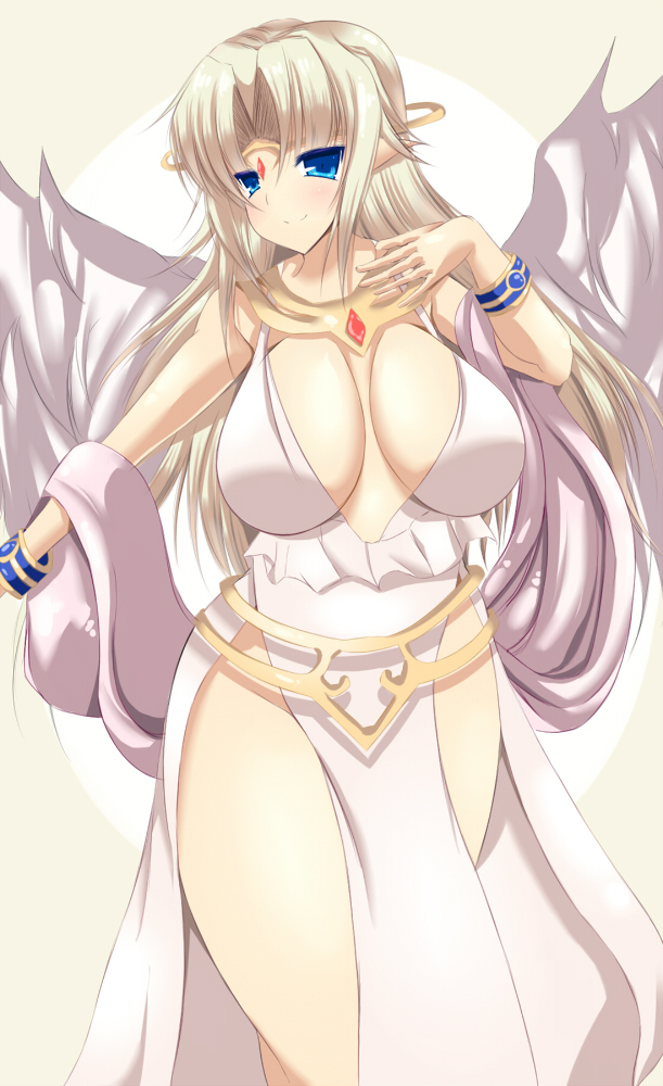 1girl bad_anatomy bad_hands bad_id bad_pixiv_id blonde_hair blue_eyes blush bracelet breasts breasts_apart choker circlet cleavage curvy dress female_focus gem_on_head ilias impossible_clothes jewelry large_breasts long_hair looking_at_viewer mon-musu_quest! monster_girl no_bra pelvic_curtain pointy_ears poorly_drawn sash scarf slit_pupils smile solo somasu tiara very_long_hair wide_hips wingless wings wrist_cuffs