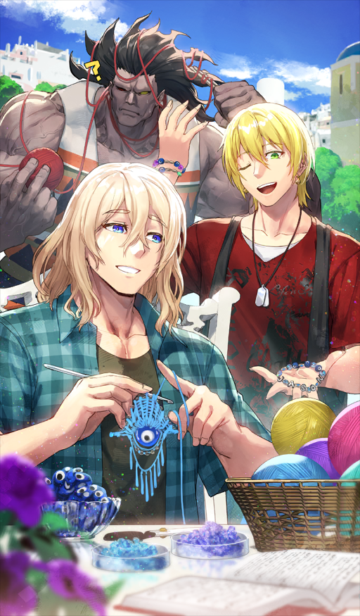 3boys ;d ? aqua_shirt arm_up bare_arms basket bead_bracelet beads black_hair blonde_hair blue_eyes blue_sky bracelet building chaldea_boys_collection character_name charlemagne_no_montjoie_kishidou! closed_mouth cloud collarbone collared_shirt commentary_request crochet crochet_hook crossed_bangs dai-xt dark-skinned_male dark_skin dog_tags double-parted_bangs earrings entangled fate/grand_order fate_(series) green_eyes green_shirt grin hair_between_eyes hands_up heracles_(fate) heterochromia holding jason_(fate) jewelry long_hair male_focus medium_hair multiple_boys multiple_bracelets muscular muscular_male official_alternate_costume official_art one_eye_closed open_clothes open_mouth open_shirt outdoors pectorals pendant plaid_clothes plaid_shirt red_eyes red_shirt shirt shirt_under_shirt short_sleeves sky smile solid_eyes theseus_(fate) third-party_source toned toned_male upper_body v-neck veins white_shirt yarn yarn_ball yellow_eyes