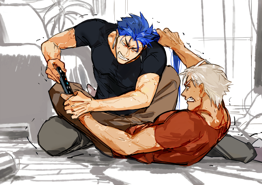 2boys archer_(fate) blue_hair brown_pants commentary controller crimo cu_chulainn_(fate) cu_chulainn_(fate/stay_night) earrings english_commentary fate/stay_night fate_(series) fighting grabbing_another&#039;s_hair grimace holding holding_remote_control jewelry male_focus monochrome_background multiple_boys pants red_shirt remote_control shirt white_hair wooden_floor