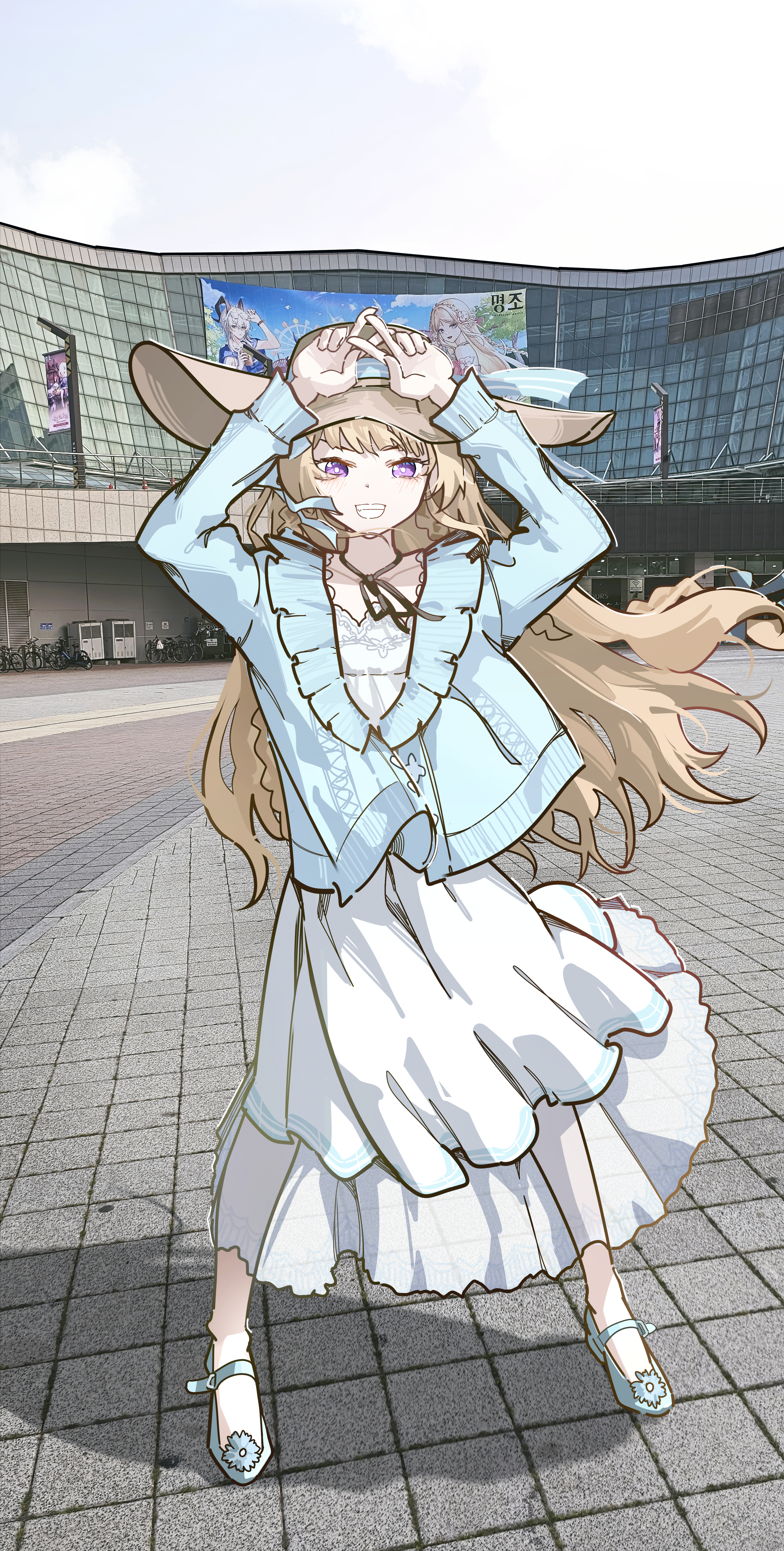 1girl absurdres arms_up blonde_hair blue_shoes blue_sweater collarbone commentary day dress english_commentary full_body highres long_hair looking_at_viewer official_art_inset outdoors phoebe_(wuthering_waves) purple_eyes ryeon_(naturesan) screenshot_background shoes smile solo standing sweater white_dress wuthering_waves