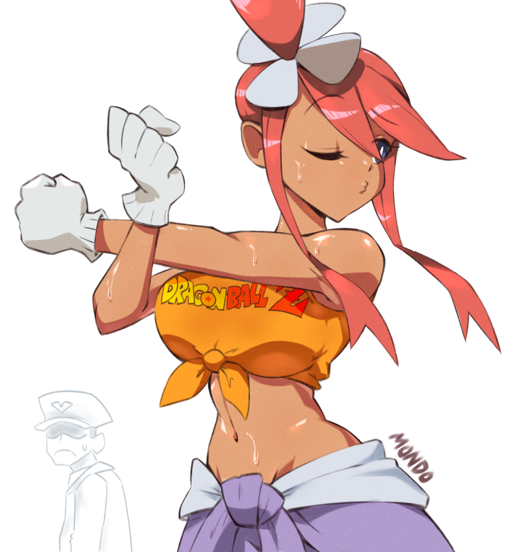1boy 1girl artist_name bare_shoulders blue_eyes breasts clothes_around_waist commentary dark-skinned_female dark_skin dragon_ball dragonball_z gloves hair_ornament jacket jacket_around_waist large_breasts looking_to_the_side midriff navel nintendo one_eye_closed one_side_up pokemon pokemon_bw red_hair shirt short_hair_with_long_locks simple_background skyla_(pokemon) sleeveless sleeveless_shirt solo_focus stomach stretching supermondobeat sweat tied_shirt upper_body white_background white_gloves