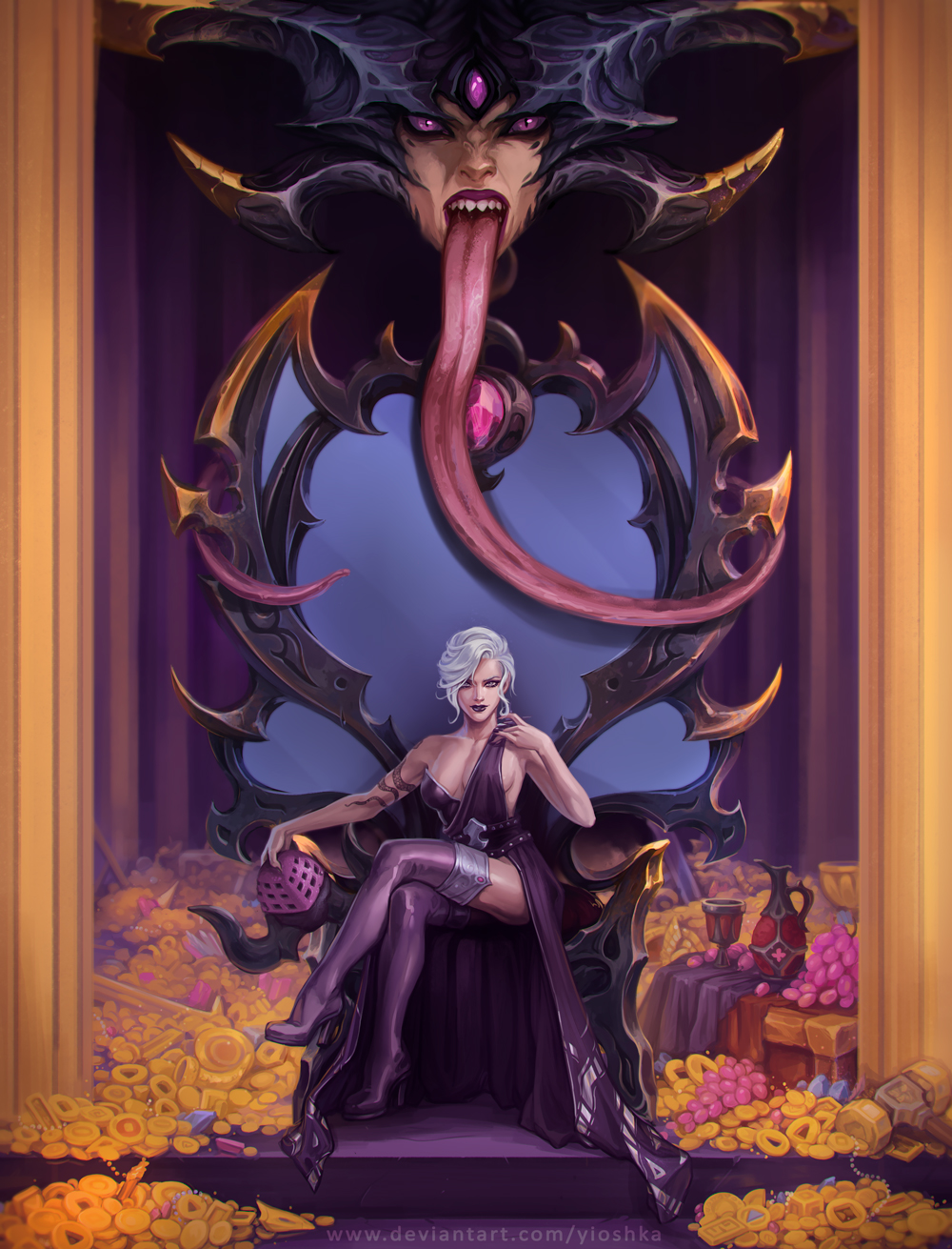 1girl breasts coin cup demon demon_girl dress drinking_glass food forehead_jewel fruit gold grapes helmet high_heels highres horns long_boots long_dress long_tongue looking_at_viewer medium_breasts open_mouth purple_dress purple_eyes purple_lips purple_thighhighs sharp_teeth short_hair slaanesh slaanesh_(cult) slaanesh_(mark) solo tattoo teeth thighhighs throne tongue tongue_out treasure warhammer_40k white_hair wine_glass yioshka