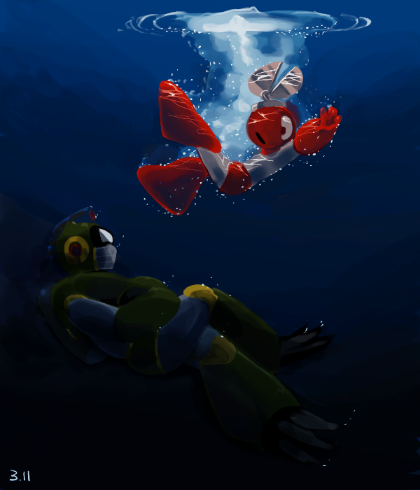 2boys air_bubble black_eyes bubble bubble_man commentary_request covered_mouth cut_man harvest88 in_water male_focus mega_man_(classic) mega_man_(series) mega_man_1 mega_man_2 multiple_boys no_humans robot scissors swimming underwater |_|