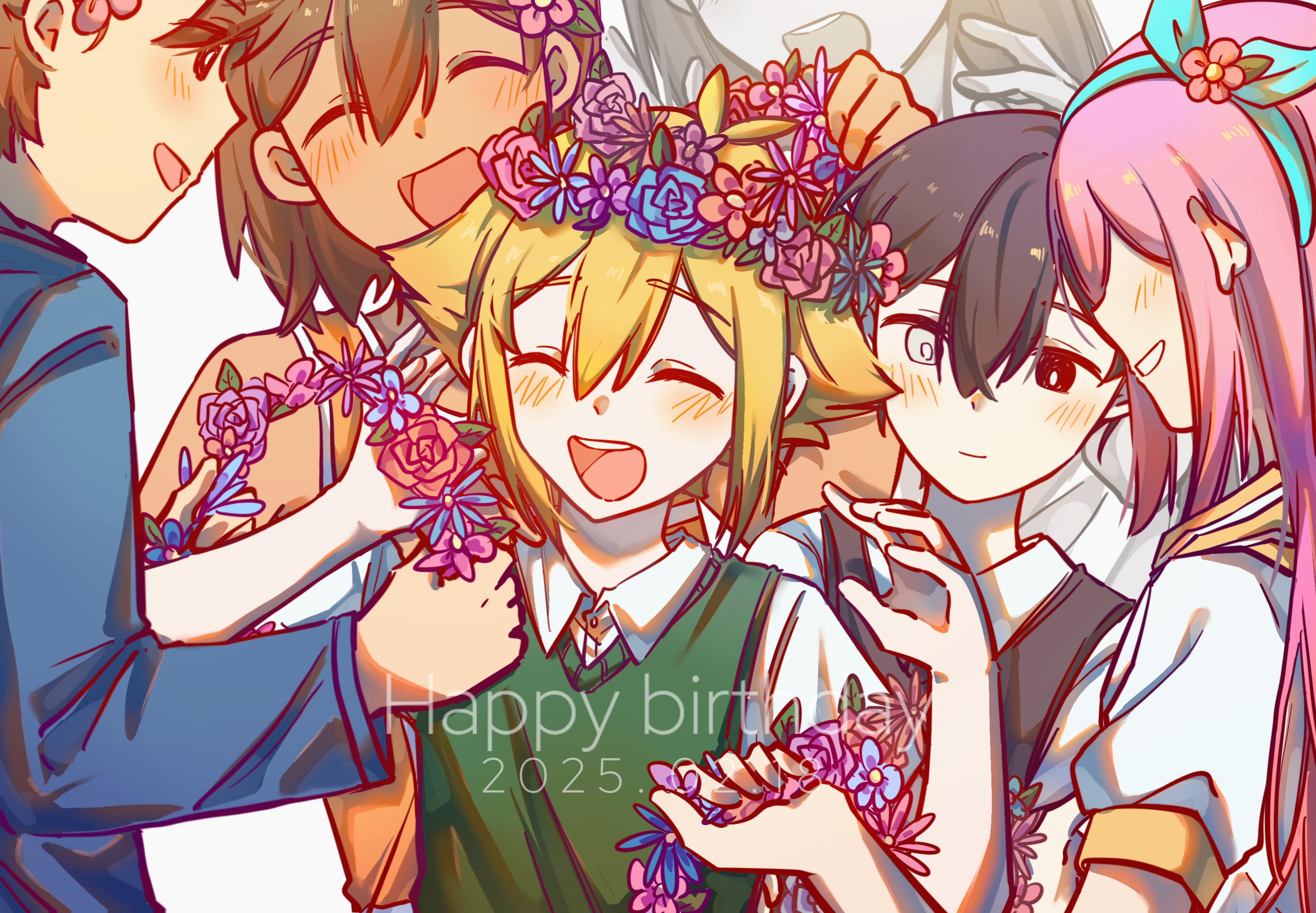 2girls 4boys antenna_hair aubrey_(faraway)_(omori) aubrey_(omori) bailan1130 basil_(faraway)_(omori) basil_(omori) black_eyes black_hair black_sweater_vest blonde_hair blue_hairband blue_sweater blush bright_pupils brothers brown_eyes brown_hair closed_eyes closed_mouth collared_shirt dark-skinned_male dark_skin dated flower green_sweater_vest grey_eyes grin hair_flower hair_ornament hairband happy_birthday head_wreath hero_(faraway)_(omori) hero_(omori) heterochromia highres jacket kel_(faraway)_(omori) kel_(omori) long_hair long_sleeves looking_at_another mari_(omori) mari_(spirit)_(omori) multiple_boys multiple_girls omori open_mouth pink_hair shirt short_hair short_sleeves siblings smile spoilers sunny_(omori) sweater sweater_vest teeth upper_teeth_only white_jacket white_pupils white_shirt