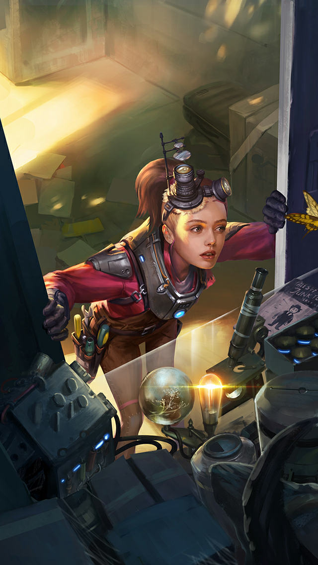 1girl black_gloves brown_eyes brown_hair bug butterfly fallout fallout_3 fallout_shelter_online game_cg gloves goggles goggles_on_head insect light_bulb microscope moira_brown official_art overalls parted_lips ponytail red_lips screwdriver solo third-party_source tool_belt wrench