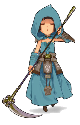 1girl belt blunt_bangs bob_cut brown_hair chibi female_focus guild_wars_(series) guild_wars_1 gwen_(guild_wars) hood lowres red_eyes scythe short_hair solo transparent_background