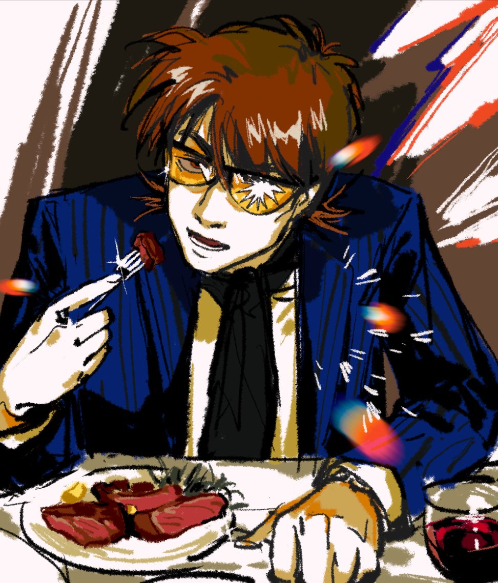 1boy alcohol black-framed_eyewear black_scarf blue_jacket brown_eyes brown_hair cup drinking_glass eating food fork hair_between_eyes holding holding_fork hyoudou_kazuya jacket kaiji leaning_forward looking_at_viewer lower_teeth_only male_focus open_mouth over-rim_eyewear partially_opaque_sunglasses plate scarf semi-rimless_eyewear short_hair solo steak striped_clothes striped_jacket sunglasses teeth tinted_eyewear upper_body wine wine_glass yellow-tinted_eyewear zvz_(tt82295946)