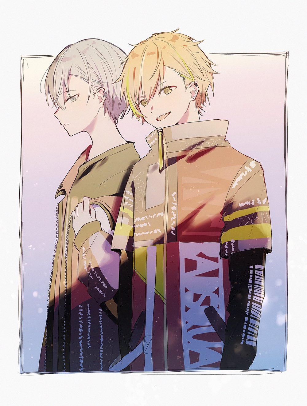 2boys adjusting_clothes aoyagi_touya arms_at_sides blue_eyes blue_hair border commentary_request ear_piercing earrings full-length_zipper hand_up high_collar highres jacket jewelry jishio layered_sleeves long_sleeves male_focus mole mole_under_eye multicolored_hair multiple_boys official_alternate_costume official_alternate_hairstyle open_clothes open_jacket open_mouth orange_hair outside_border piercing project_sekai shinonome_akito short_hair short_over_long_sleeves short_sleeves stray_bad_dog_(project_sekai) streaked_hair teeth upper_teeth_only white_border zipper