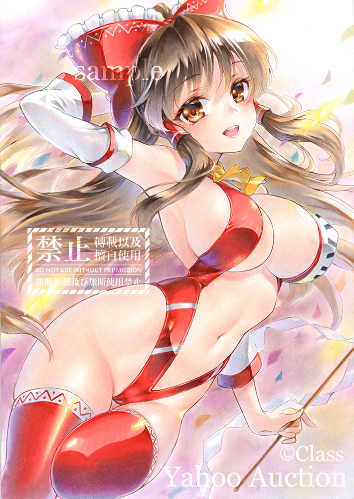 1girl armpits ascot at_classics bow breasts cleavage detached_sleeves frilled_bow frilled_hair_tubes frills gohei groin hair_bow hair_tubes hakurei_reimu large_breasts looking_at_viewer marker_(medium) midriff navel race_queen red_bow ribbon-trimmed_sleeves ribbon_trim slingshot_swimsuit smile solo swimsuit thighhighs touhou traditional_media yellow_ascot