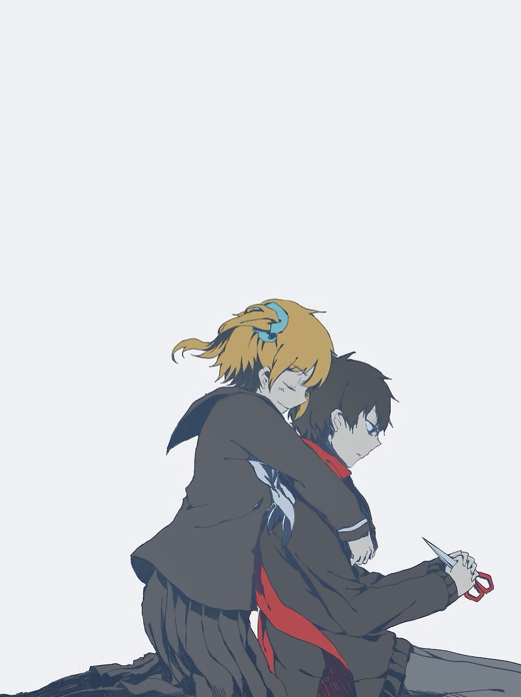 1boy 1girl aqua_scrunchie attempted_suicide bad_id bad_pixiv_id black_eyes black_hair black_jacket black_sailor_collar black_serafuku brother_and_sister closed_eyes closed_mouth commentary domik empty_eyes facing_another facing_to_the_side feet_out_of_frame fringe_trim grey_pants hair_ornament hair_scrunchie highres holding holding_scissors hug hug_from_behind jacket kagerou_project kisaragi_momo kisaragi_shintarou kneeling long_sleeves looking_at_object looking_down neckerchief negative_space orange_hair own_hands_together pants parted_lips pleated_skirt red_scarf sad_smile sailor_collar scarf school_uniform scissors scrunchie serafuku short_hair siblings side_ponytail simple_background single_stripe sitting skirt striped white_background white_neckerchief white_stripes wide_shot