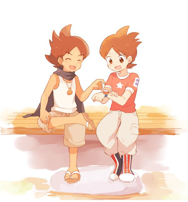 10s 2boys amano_keita bad_id bad_pixiv_id blue_cape boots brown_eyes brown_hair cape cargo_pants closed_eyes full_body geta grandfather_and_grandson keizou male_focus mei_(maysroom) multiple_boys no_socks open_mouth pants red_shirt shirt short_hair sitting star_(symbol) t-shirt watch white_background wristwatch youkai_watch youkai_watch_(object) youkai_watch_2 youkai_watch_zero-shiki