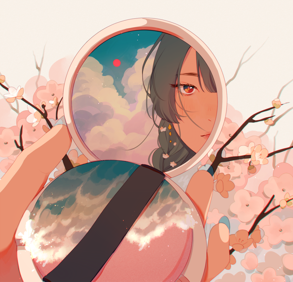 1girl beach blue_sky braid cherry_blossoms cloud compact_(cosmetics) cosmetics flower foaming_waves grey_hair hair_flower hair_ornament holding_compact jauni_(tofublock) makeup mirror moon ocean orange_eyes original pastel_colors pink_flower red_moon sidelocks sky surreal waves white_background