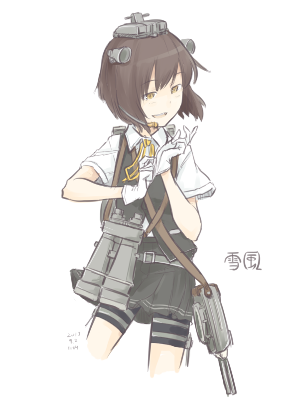1girl adjusting_clothes adjusting_gloves bike_shorts binoculars brown_hair character_name collared_shirt commentary_request cosplay dated gloves headgear kagerou_(kancolle) kagerou_(kancolle)_(cosplay) kantai_collection kawashina_(momen_silicon) neck_ribbon open_mouth ribbon shirt short_hair short_sleeves signature simple_background skirt solo white_background white_gloves white_shirt yellow_eyes yellow_ribbon yukikaze_(kancolle)
