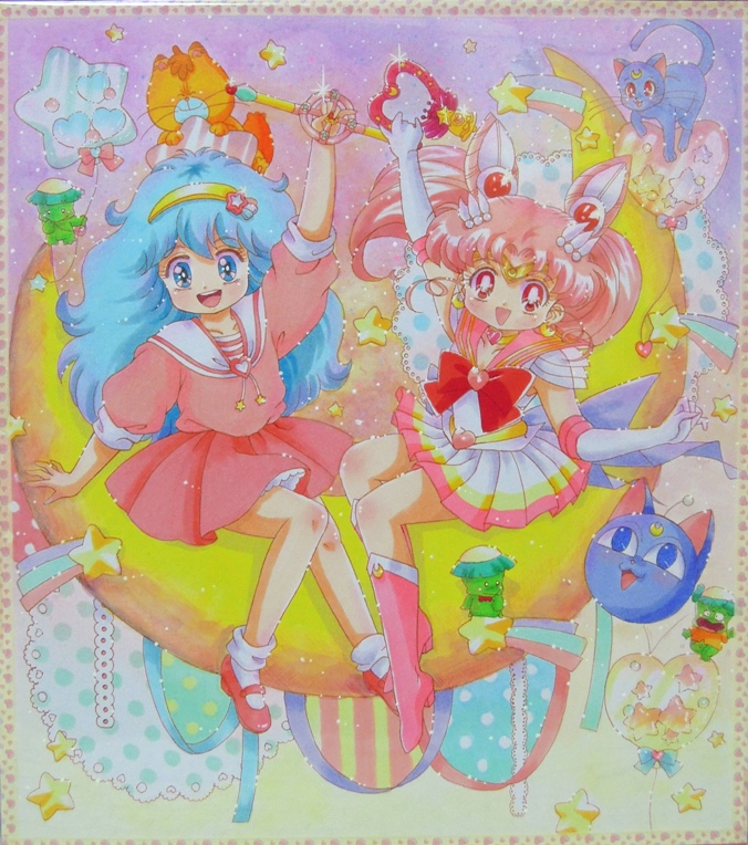 1990s_(style) 2girls arm_up bishoujo_senshi_sailor_moon bishoujo_senshi_sailor_moon_r bishoujo_senshi_sailor_moon_supers blue_eyes blue_hair bobby_socks boots bow brooch cat chibi_usa choker cone_hair_bun crescent crescent_earrings crescent_moon crystal_carillon double_bun dress earrings full_body gera_gera_(persia) gloves hair_bun hair_ornament hairband hairpin hayami_persia heart heart_brooch jewelry knee_boots long_hair luna-p luna_(sailor_moon) magical_girl mahou_no_yousei_persia mary_janes meso_meso_(persia) mikiky moon multicolored_skirt multiple_girls persia_(mahou_no_yousei_persia) pink_boots pink_dress pink_hair pink_shoes pink_skirt puri_puri_(persia) red_eyes retro_artstyle ribbon sailor_chibi_moon sailor_collar shikishi shoes short_hair simba_(persia) skirt sleeves_rolled_up smile socks sparkle star_(symbol) super_sailor_chibi_moon tiara traditional_media twintails wand white_gloves