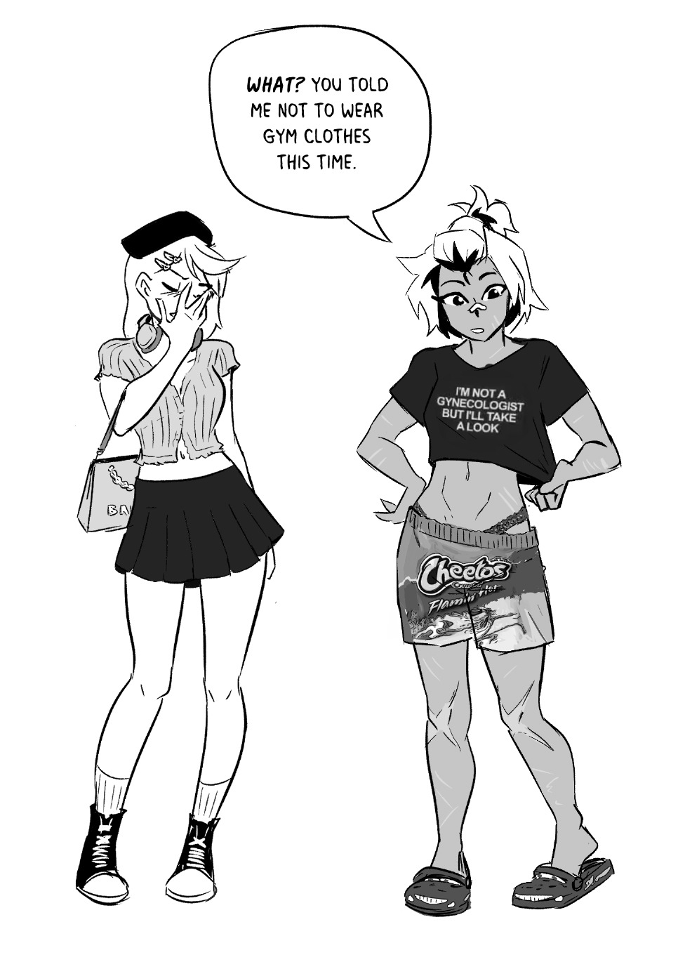 2girls bag balmain beck_(spicymancer) blouse cars_(movie) cheetos converse crocs crop_top english_text facepalm handbag hat headphones headphones_around_neck highres meme multiple_girls shirt shorts skirt spicymancer thong white_background yuri