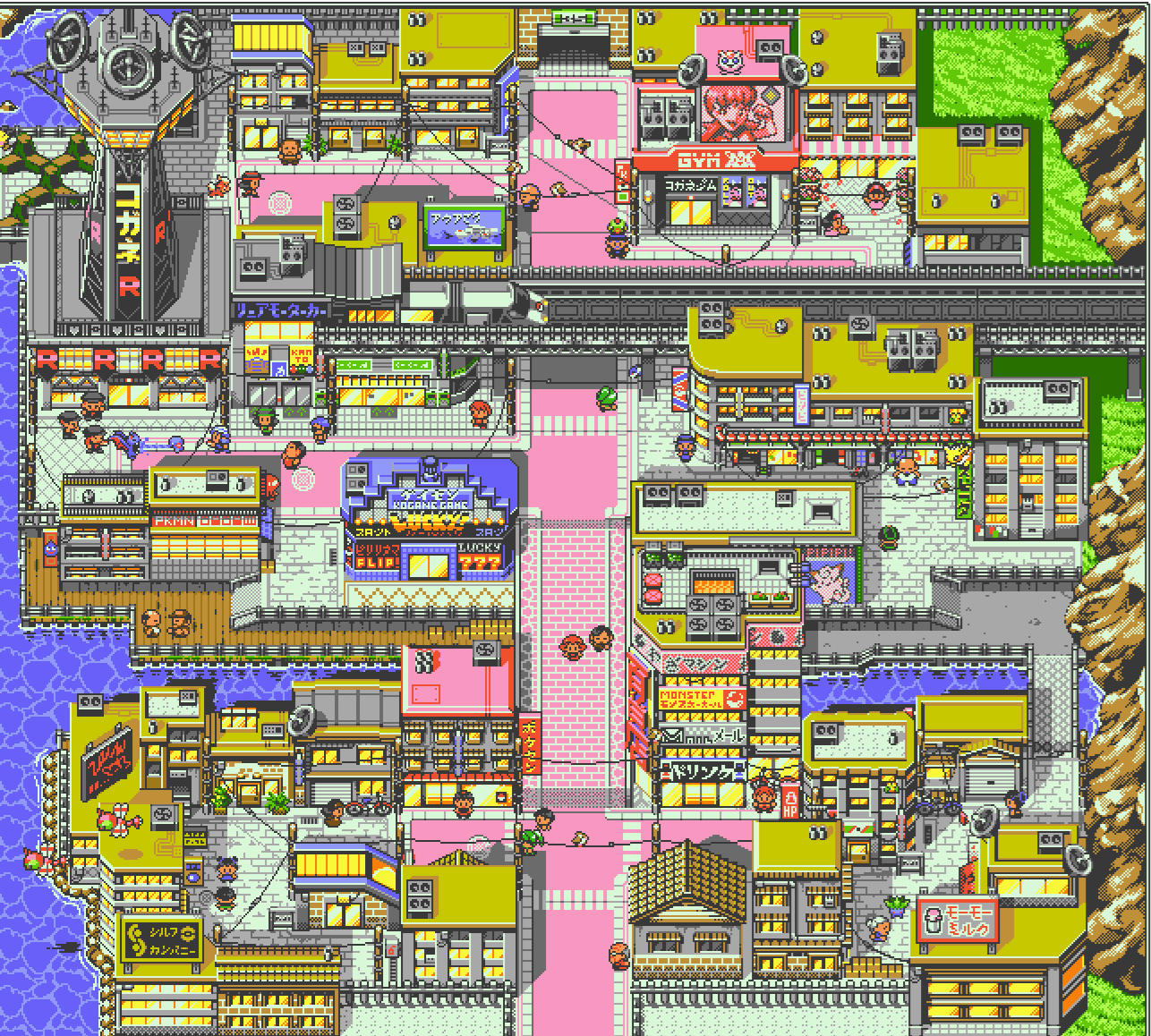 clefairy cropped dewndeym gen_1_pokemon gen_2_pokemon golbat growlithe jigglypuff jolteon kris_(pokemon) map miltank nintendo oddish pidgey pixel_art pokemon pokemon_gsc remoraid shop team_rocket_grunt town whitney_(pokemon) yanma