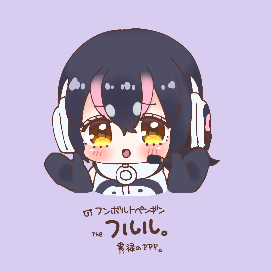 1girl black_hair cthun_n humboldt_penguin_(kemono_friends) kemono_friends kemono_friends_v_project looking_at_viewer microphone penguin_girl purple_background short_hair simple_background solo virtual_youtuber