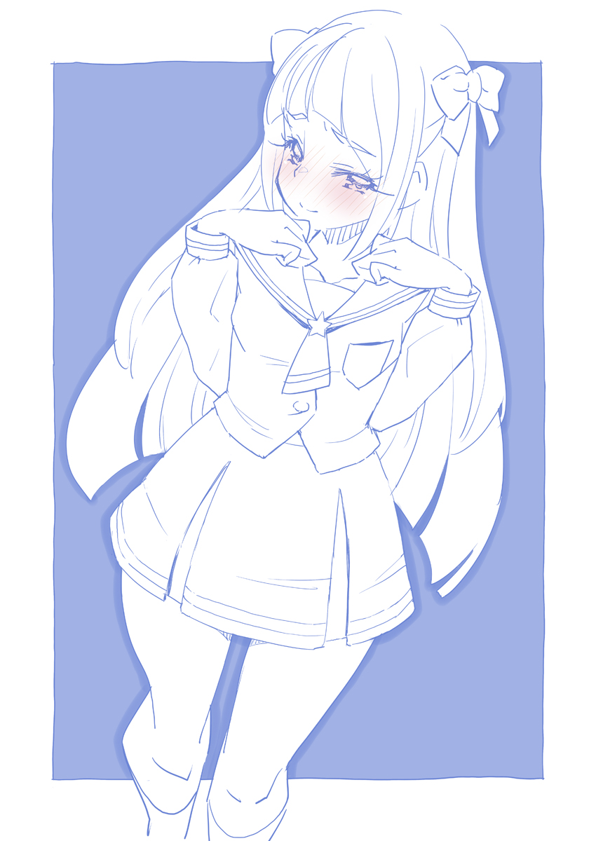 1girl blouse blue_theme blush bow closed_mouth commentary hair_bow half-closed_eyes highres kaguya_madoka kneehighs long_hair long_sleeves looking_at_viewer mihoshi_middle_school_uniform miniskirt miyagoe_yoshitsuki monochrome neck_ribbon pleated_skirt precure ribbon sailor_collar school_uniform shirt skirt smile socks solo standing star_(symbol) star_twinkle_precure