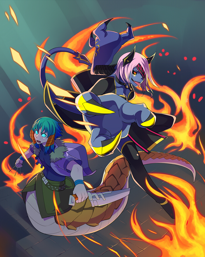 1boy 1girl black_eyes black_sclera black_thighhighs blue_hair blue_sclera claws colored_sclera colored_skin commentary_request demon_girl demon_horns demon_tail eyepatch fire full_body gradient_hair green_background green_hair green_skirt grey_skin holding holding_sword holding_weapon horns ketaru lamia_boy looking_at_another medium_hair monster_boy multicolored_hair pelvic_curtain pink_hair pixiv_fantasia pixiv_fantasia_fallen_kings purple_tunic sharp_teeth skirt slashing slit_pupils smile sword tail teeth thighhighs tongue tongue_out tunic weapon yellow_eyes