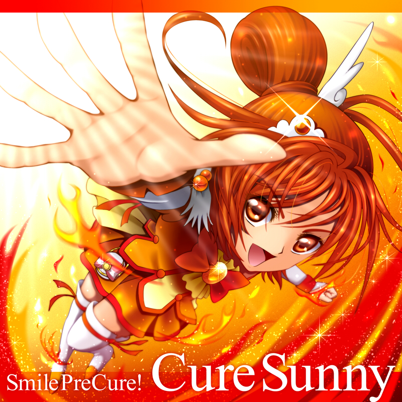 10s 1girl boots bow character_name copyright_name cure_sunny dress female_focus fire hino_akane_(smile_precure!) magical_girl open_mouth orange_background orange_eyes orange_hair orange_skirt orange_theme perspective ponytail precure sekken_kasu_barrier skirt smile_precure! solo thigh_boots thighhighs tiara wrist_cuffs
