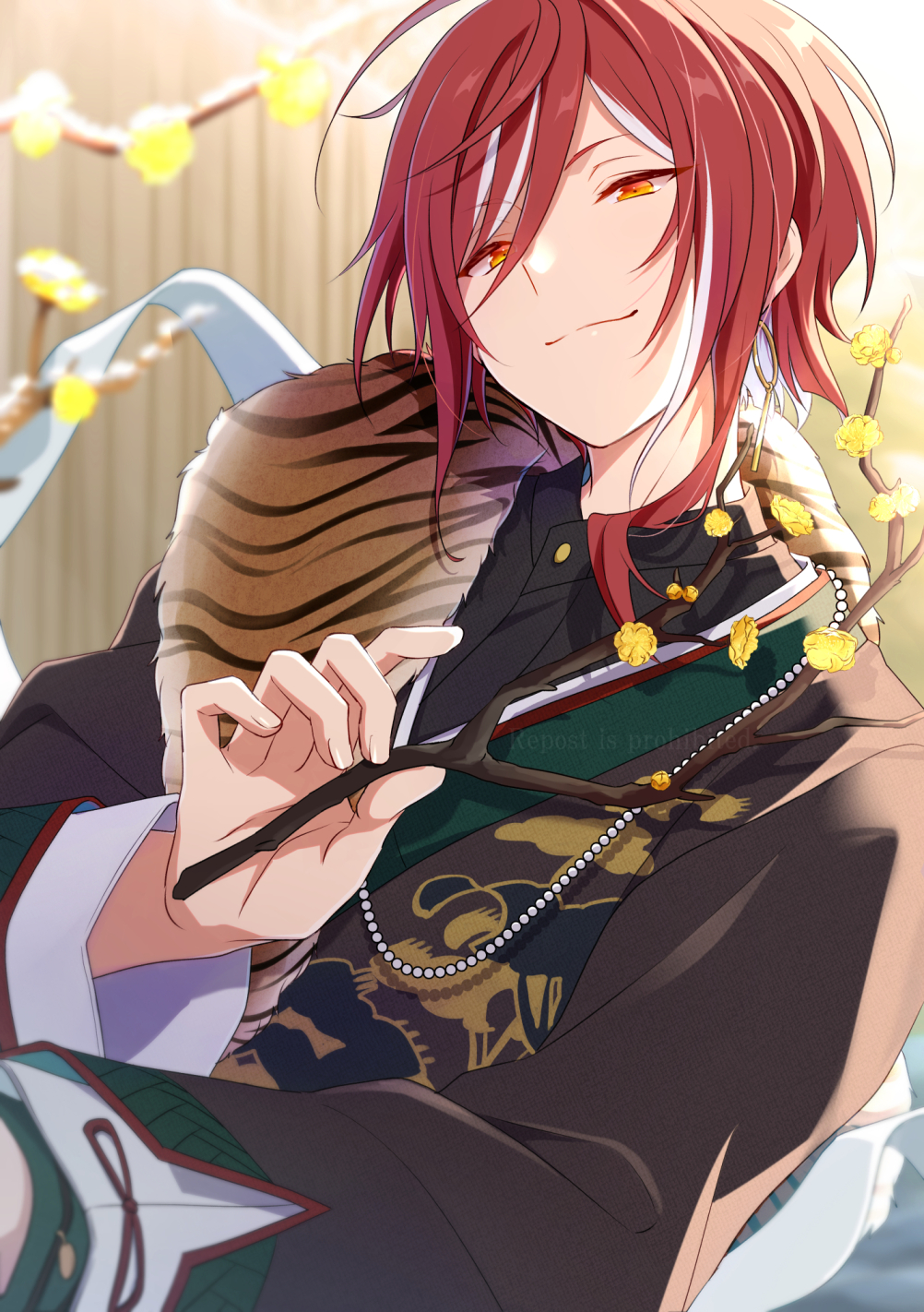 1boy animal animal_on_shoulder black_jacket branch cat cat_on_shoulder closed_mouth ensemble_stars! flower highres holding holding_branch jacket long_sleeves looking_at_viewer male_focus multicolored_hair red_hair sakasaki_natsume short_hair smile solo take_no_ko white_hair yellow_eyes yellow_flower